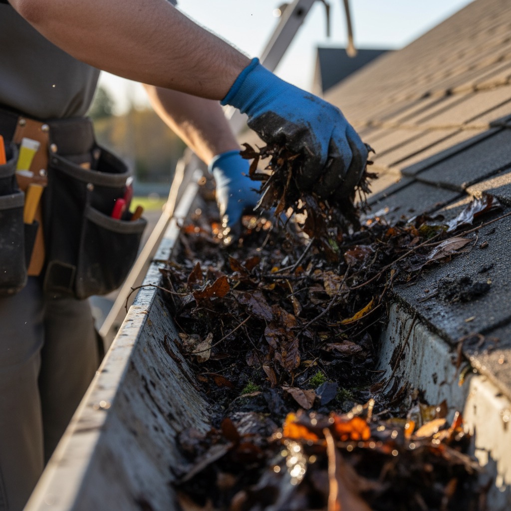 Create a photorealistic image of a professional cleaning out the gutter with a close up of the hands and dirty gutter
